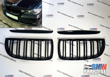 Подвійна решітка радіатора "гриль" BMW E90 E91 2005-2008 (дорест) стилі М. Чорний глянець 322-26 фото